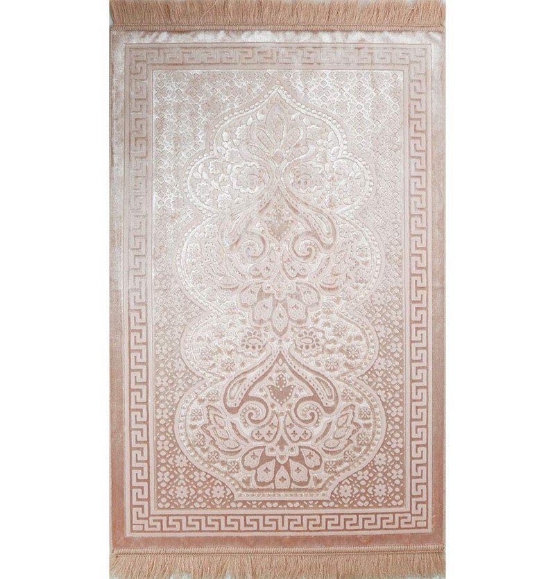 Modefa Luxury Velvet Prayer Rug with Prayer Beads | Soft Elegant Muslim Turkish Janamaz Sajada Carpet for Men and Women | Plain Solid Prayer Mat Ramadan Eid Gift - Paisley (Blush Pink) - Image 2